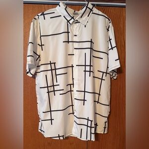 Men's Fashionable White and Black Geometric Casual Dress Shirt XXXL Polyester